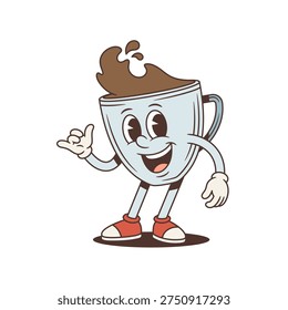 Friendly coffee cup mascot shows call me hand gesture. Groovy retro comic personage. Isolated cartoon character vector illustration for a sticker or a communication concept. A friendly invitation