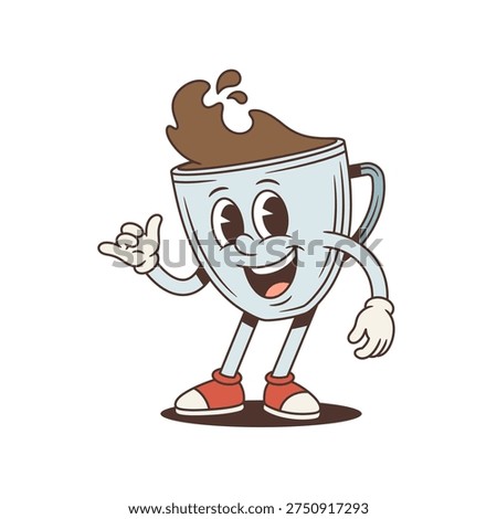 Friendly coffee cup mascot shows call me hand gesture. Groovy retro comic personage. Isolated cartoon character vector illustration for a sticker or a communication concept. A friendly invitation