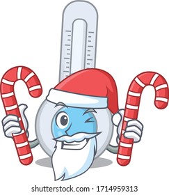Friendly cold thermometer in Santa Cartoon character holds Christmas candies
