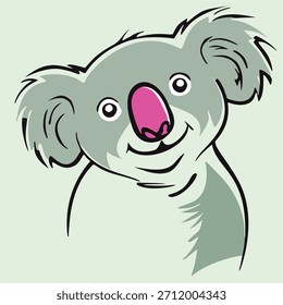Una Ilustración vectorial amigable y colorida de la cara y la parte superior del cuerpo de un oso koala con una nariz rosa y orejas Grandes, dibujada en un estilo de dibujos animados juguetón