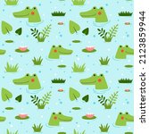 Friendly comic crocodiles swimming on seamless vector pattern. Funny kids print with African wild animals reptile for textile or wrapping paper