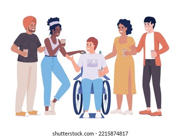 Friendly communication 2D vector isolated illustration. Communicating flat characters on white background. Friends at party colourful editable scene for mobile, website, presentation