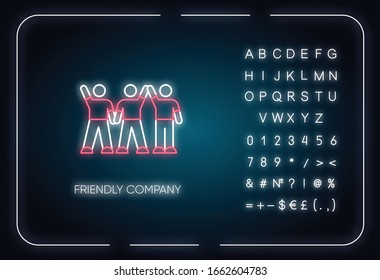 Friendly company neon light icon. Outer glowing effect. Sign with alphabet, numbers and symbols. Friendship, social communication. Friends spend time together. Vector isolated RGB color illustration