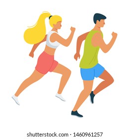 Friendly competition, race cartoon vector illustration. Athletes training for competition, championship together. Workout, fitness coach, weight loss expert. Married couple on morning jog
