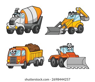 Friendly construction trucks and loaders in cute style. Cute construction vehicles