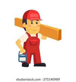 Friendly construction worker man with tools, vector illustration