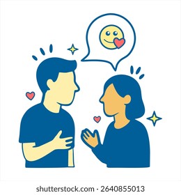 Friendly Conversation and Emotional Support, A heartfelt exchange between two friends, discussing emotions and empathy, with a smiling face and heart symbol in the speech bubble