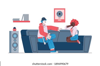 Friendly conversation scene with man and woman cartoon characters sitting on couch and having dialog, sketch vector illustration isolated on white background.