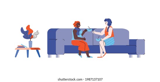 Friendly conversation of two girl friends sitting on sofa, sketch vector illustration isolated on white background. Women cartoon characters chatting lively.