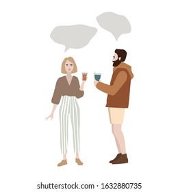 Friendly conversation of two people . Cartoon trendy male talking with hipster girl vector flat illustration. People hold coffee in their hands. Speech bubble isolated on white background.