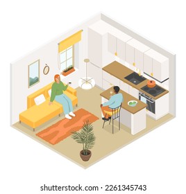 Friendly conversations in the kitchen - vector colorful isometric illustration. Girl sitting on the couch with a cup of coffee, guy sitting at the table with a glass. Evening at home, cozy interior