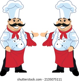 The friendly cook invites you to the table. The chef of the restaurant.