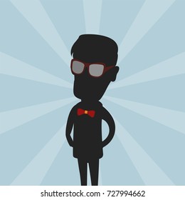 Friendly and cool hipster character with glasses. Vector illustration. Negative silhouette