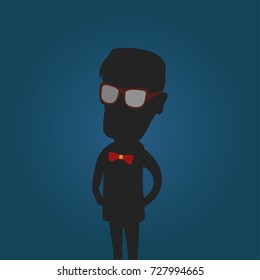 Friendly and cool hipster character with glasses. Vector illustration. Negative silhouette