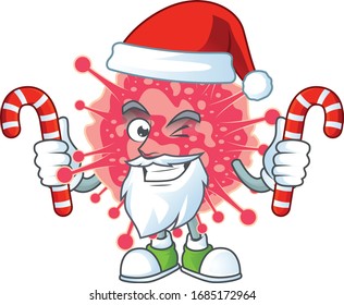 Friendly coronavirus emergency in Santa Cartoon character with candies