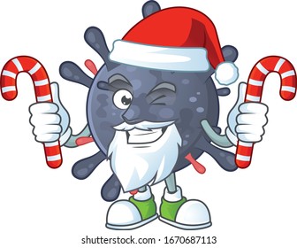 Friendly coronavirus epidemic in Santa Cartoon character with candies