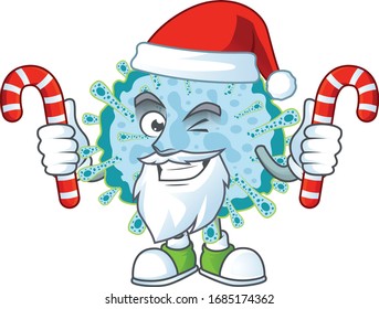 Friendly coronavirus illness in Santa Cartoon character with candies