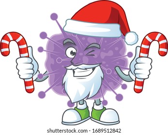 Friendly coronavirus influenza in Santa Cartoon character with candies