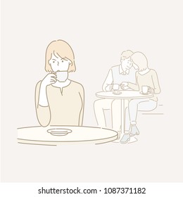 A friendly couple in the back is uncomfortable. hand drawn style vector doodle design illustrations.