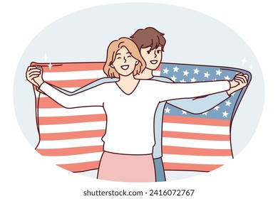 Friendly couple of man and woman posing with USA flag demonstrating patriotism. Guy american stands behind girl hugging girlfriend and stretching national banner on july 14th eve. Flat vector design