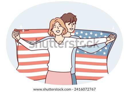 Friendly couple of man and woman posing with USA flag demonstrating patriotism. Guy american stands behind girl hugging girlfriend and stretching national banner on july 14th eve. Flat vector design