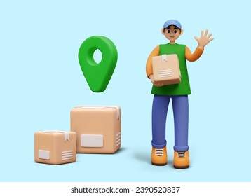 Coraje amigable con caja de retención de uniformes y saludando, sosteniendo gran paquete. El trabajador entrega el pedido al destino. Ilustración vectorial en estilo 3D con fondo azul