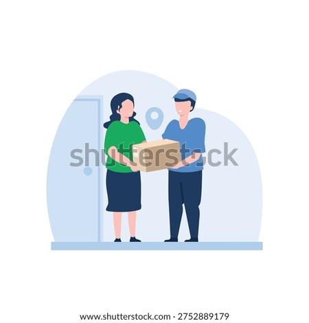 A friendly courier wearing a cap delivers a cardboard box to a smiling woman standing at her door, symbolizing e-commerce and shipping services