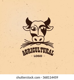 Friendly cow face abstract farm logo. Vintage cute agricultural logotype. Retro country style stamp.