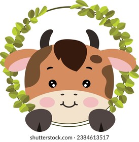 Friendly cow peeking out of round leaves frame
