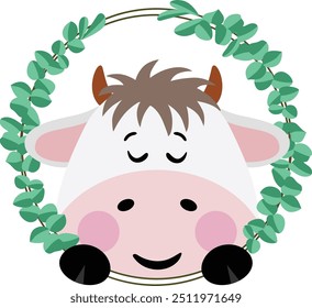 Friendly cow peeking out of round leaves frame
