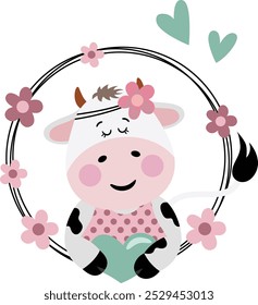 Amistosa vaca asomándose fuera del marco redondo de la primavera