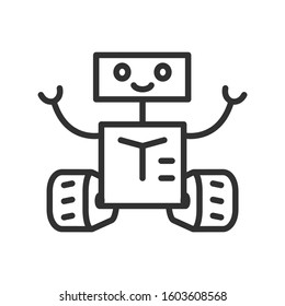 friendly crawler robot, smiling, linear icon. Editable stroke