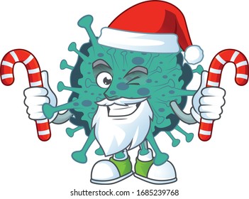 Friendly critical coronavirus in Santa Cartoon character with candies