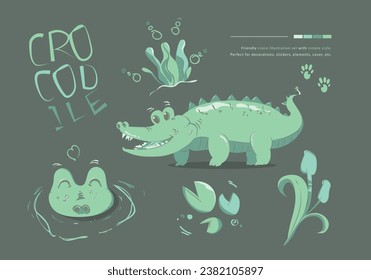 Friendly Croco illustration set with simple style. Perfect for decorations, stickers, elements, cover.