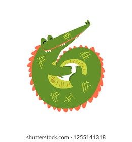 Friendly crocodile curled up, funny predator cartoon character vector Illustration on a white background