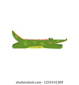 Friendly crocodile lying sprawled on the floor, funny predator cartoon character vector Illustration on a white background