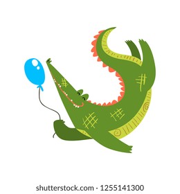 Friendly crocodile playing with balloon, funny predator cartoon character vector Illustration on a white background