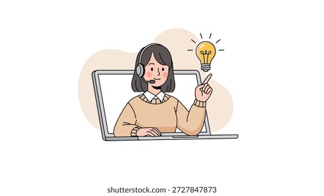 Un amigable agente de Servicio al cliente con auriculares aparece en la pantalla de una computadora portátil, señalando una bombilla brillante que simboliza una idea o solución.