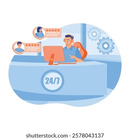 Friendly customer service agents at the call center desk. Man with microphone providing assistance service to the client. Customer Satisfaction concept. Flat vector illustration.