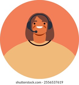 Friendly customer service representative smiling while wearing a headset, providing assistance and support, depicted in a modern, minimalist circle icon