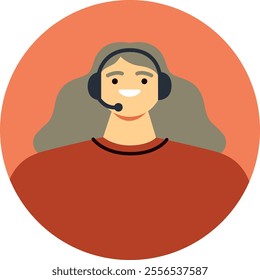 Friendly customer service representative wearing a headset, smiling while providing assistance and support in a simple, round icon design, embodying professionalism and approachability