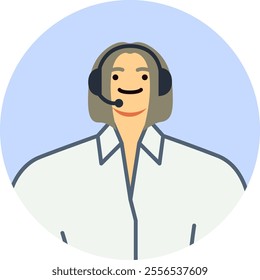 Friendly customer service representative wearing a headset, smiling warmly while providing assistance and support. Engaging in communication within a round icon design