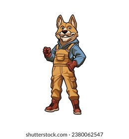 Friendly and Cute Anthropomorphic Dog Farmer Cartoon Illustration in Jumpsuit