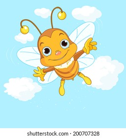 Friendly Cute Bee flying in the sky