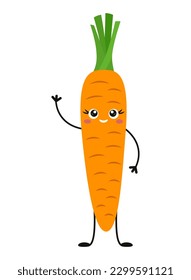 Amigable y lindo personaje de zanahoria saludando y sonriendo. La temática de la granja o de las verduras orgánicas frescas. Ilustración vectorial aislada en fondo blanco. 