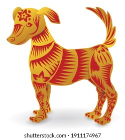 Friendly and cute dog of Chinese Zodiac in golden and red colors, decorated with lines, flowers and petals. Isolated over white background.