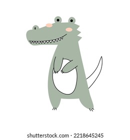 Friendly cute green alligator, funny wild animal, cartoon crocodiles, vector illustration isolated on white background eps