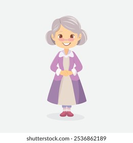 Friendly Elderly Woman in Purple Dress - Cute Illustration of Senior in Dress, and Glasses