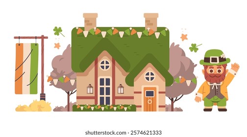 Friendly cute leprechaun and his little fantasy house on isolated background. Flat vector illustration