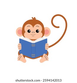 friendly cute monkey cartoon character reading a blue book illustration